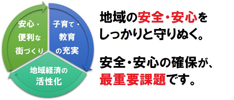 安全・安心の確保、学校教育・子育て環境の充実、地域経済の活性化