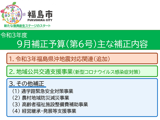 令和3年度9月補正予算（第6号）主な補正内容（出典：　福島市公式ホームページ）